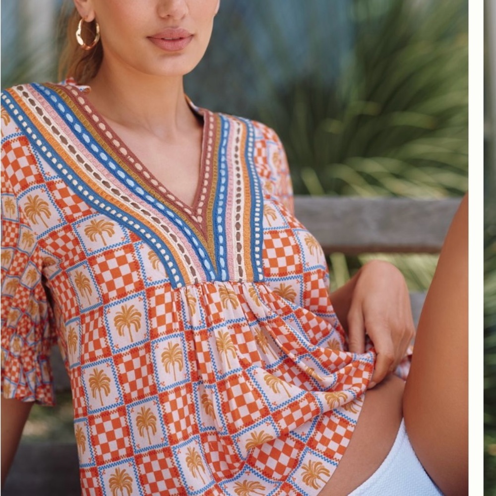Bl-nk Anthropologie Stephanie V-Neck Short Sleeve Blouse Orange Blue Palms NWT